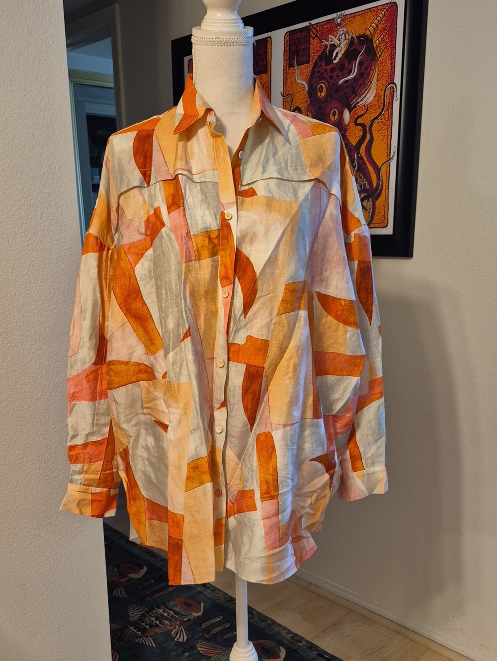 Acler Orange & Gray Loose Button Up Oversided Tunic